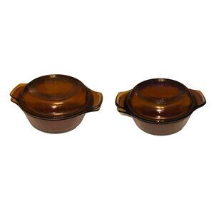 Vintage Anchor Hocking Fire-King Amber Glass 12 Oz Casserole Dishes With Lids